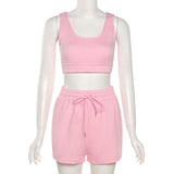 Sportswear High Waist Two Piece Sets Women Casual Crop Top & Drawstring Shorts Matching Set 2021 Summer Athleisure