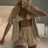 White Casual Solid 2021 Velvet Tracksuit 2Piece Set Women Down Collar Pocket Short Sleeve Female Tops Elastic Loose