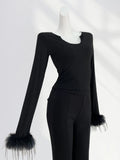 Toloer Thousand Years Royal Sister Wind Black Hot Jacket Early Spring U Collar Slim Thin Feathers Long Sleeve Bottom