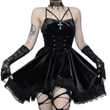 Halloween Dark Suede Tie Waist Dress Sexy Lace Suspender Skirt Woman-Outfit