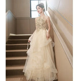 Champagne Evening Dress Female Banquet Temperament High Tuxeds Host High Sense Light Luxury Niche High-End Performance