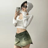 Summer New Women's Fashion Sexy Solid Color Folding Hood Repair Waist Open Umbilical