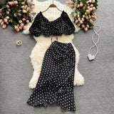 Women Red/Purple/Black Polka Dot Two Piece Set Summer Sexy Ruffle Short Drawstring Tops + High Waist Irregular Skirt 2pcs