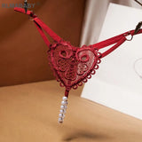 Love Heart Pearl Massuge Lace Thong Low Waist Transparent Sexy Underwear G-String Fashion Women Lingerie Panties