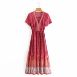 Floral print summer beach Bohemian dress for women Ladies V-neck short sleeve dress female Robe Boho hippie dress