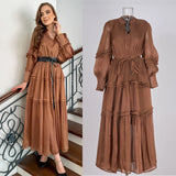 Temperament Dress 2025 New V-Neck Lantern Sleeves Folded Long Silk Dress