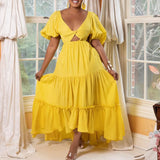 Short Sleeve Open Back Sexy V-Neck Party Long Dress African Plus Size