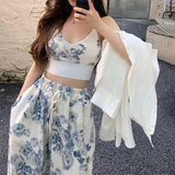 Women's Chic 2Pieces Outfits Floral Print V-Neck Sleeveless Backless Camisole+Drawstring Elastic Waist Long Pants Set-Outfit