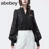 Lace Women's Shirts Lantern Long Sleeves Stand Collar Korean Shirt Blouse Female 2022 Autumn Fashion