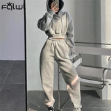 Winter Streetwear Two 2 Piece Set Sweatsuits For Tracksuit Women Long Sleeve Hooded Top Baggy Blue Pants Matching