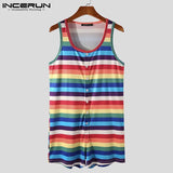 Striped Pajamas Rompers O Neck Sleeveless Jumpsuits 2021 Button Fitness Homewear Cozy Sleepwear Playsuits Men S-5XL
