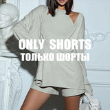 V-neck Loose Harajuku Gray Pullover Women Long-sleeved Shirt And Turtleneck Tank Top 2 Pieces Set Sexy Knitted