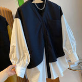 Autumn Fake Two Pieces Spliced Shirt Pockets Female Clothing Casual Loose Single-breasted Korean Basic Solid Color