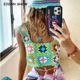 Harajuku Handmade Hollow Out Crochet Plaid Flower Tanks Women Summer Cropped Tops Retro Cool Girl Short Tee Holiday-Outfit
