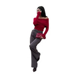Sense Knitted Top Women's Sexy Hot Girl A Word Shoulder Knitted Shirt T-Shirt T-Shirt Sweater