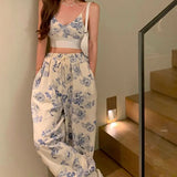 Women's Chic 2Pieces Outfits Floral Print V-Neck Sleeveless Backless Camisole+Drawstring Elastic Waist Long Pants Set-Outfit