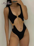 Cut Out Sexy Naked Bodysuit Lingerie Women Rave Outfits Metal Chians Chic Bodys Feminino Sleeveless Backless