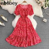 Sexy Square Collar Short Sleeve Women Midi Dress Beach Vacation Party Robe Female Elegant High Waist