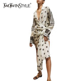 Asymmetrical Print Dresses For Female Lapel Collar Long Sleeve High Waist Tunic Irregular Dress Womens
