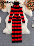 Women Retro Stripe Knitted Dress Sexy Off Shoulder Long Sleeve Slim Dresses Autumn Winter Bodycon Korean Sweater