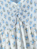 White Blue Flower Print Ruffle Strap Mini Dress V neck Ruched Elastic Chest Corset Sleeveless Short Tank Robe Holiday Woman-Outfit
