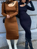 Knitted Women's Solid Slim Midi Dress 2022 Autumn Mock-neck Hollow Out Long Sleeve Dresses Ladies Sexy Elegant