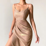 Spring Style Glitter Sexy Deep V Sling Dress Forked Style Long Dress For Women-Outfit