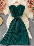 Summer Women Green/Red/Beige Pleated Midi Dress Vintage V-Neck Draped Party Robe Female Elegant Casual Vestidos New Fashion