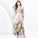 Retro Court Style Dress Female Design Horn Sleeves Long Chiffon Leaf-Side