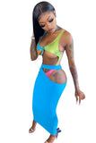 Contrast Color Sexy Sleeveless Hollow Out MidiTwo Piece Skirt