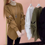 Solid Color Cut Out Sweatshirts Female Clothing Korean Loose Spring Autumn Long Sleeve Casual Bow Round Neck