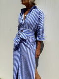 Women's New Five-Sleeve Striped Open-Shirt Shirt Dress