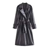 Women Fashion With Belt Faux Leather Trench Coat Vintage Long Sleeve Flap Pockets Female Outerwear Chic