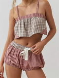 Women Pajamas Sets 2 Pieces Loungewear Suits Plaid Print Camis Cropped Tank Tops Drawstring Shorts Sleepwear Outfits-Outfit