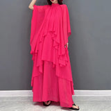 Ruffle Trim Loose Irregular Hem Dress For Women Round Neck Half Sleeve Solid Casual Dresses Female Summer