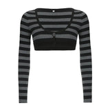 Women's Hottie Style Stripe Bumpy Body-Clamy Short U-Neck Buckle Long-Sleeved T-Shirt
