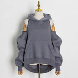 Streetwear Off Shoulder Sweatshirt For Women Hooded Collar Long Sleeve Casual Black Sweatshirts Female Fashion