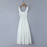 BOHO Summer White Embroidery Hollow Out hole Backless Dress Women Hem Slit Ruffles Strap Sling Midi Holiday Robe Female-Outfit