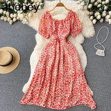 Sweet Floral Dress Women Green Square Collar Short Sleeve A-line Dresses Summer Bohemian Print Beach