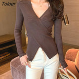 2023 Spring Autumn Ribbed V-neck Pullover Women Basic Solid Color Knitted Sweater Woman Slim Fit Long Sleeve Jumper