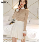 arrival fashion set women spring temperament casual sexy perspective lace shirt and white pleated a-line skirt two piece