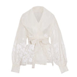 Toloer Retro Palace Style Top Autumn 2024 New Organza Lapel Lantern Sleeve Lace Printed Shirt Girl-Outfit