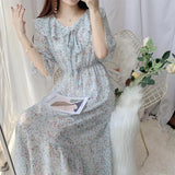 Women Elegant Ins Print Summer Chiffon Preppy Style Sweet Peter Pan Collar Lace-up Lightweight Soft Female Party