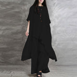 Women Two Piece Sets Pant Set Irregularity Round Neck Short Sleeve Tops Solid Splice Wide Leg Long Pants Casual Loose 2024-Outfit