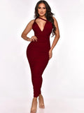 Sexy Straps Sleeveless Solid Ruched Lace Up Sheath Midi