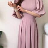 Solid Casual Chic Elegant Dress for Women High Waist O-Neck Straps Short Lantern Sleeves Pleated Midi Dresses Summer