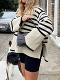 2022 Autumn Winter Oversized Knitted Pullover Women Turtleneck Long Sleeve Khaki Striped Loose Sweater Casual