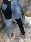 Sexy Blue and Black Contrast Ripped High Waist