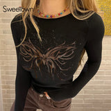 Girl Techwear Butterfly Print Kawaii Goth Graphic T Shirts Women O Neck Long Sleeve Slim Basic Autumn Tees