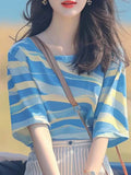 Toloer Korean Chic Oceanous Special To Beautiful Blouse Loose And Thin Blue Striped